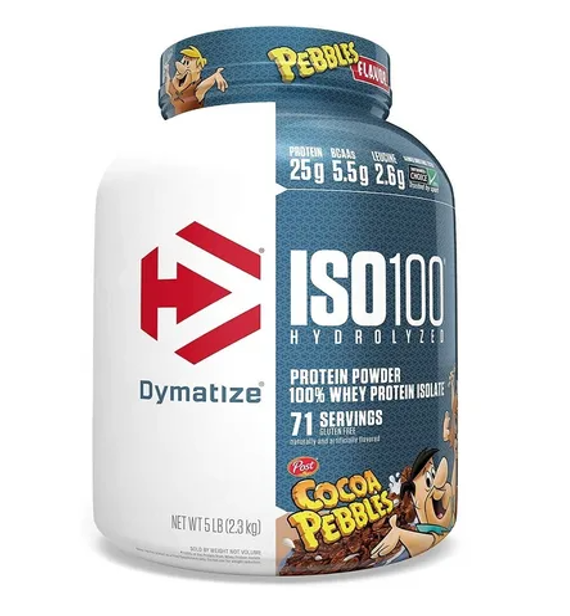 Iso 100 5 LBS, con 25g de proteína por porción, sin grasas ni azúcares añadidos, ideal para definición.