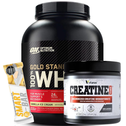 COMBO WHEY GOLD STANDARD 5LBS + CREATINA PURA MONOHIDRATO 50 SRV + BARRA DE PROTEINA