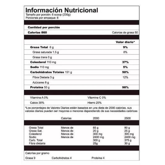 Suplemento con 860 calorías y 50g de proteína por servicio
